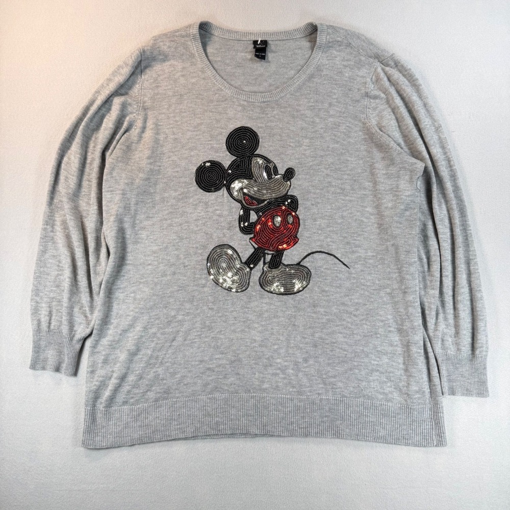 Disney Mickey Mouse Sequin Sweater Womens 4 Gray Knit Crew Neck Long Sleeve Top